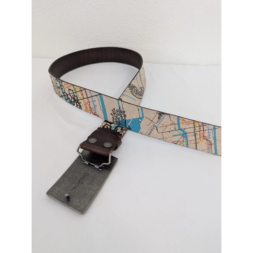 Robert Graham Y2K Metro Manhole Belt Men 34 Brown Subway Map Plaque Buckle Retro